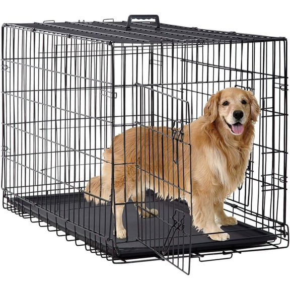 LiteHaven Dog Crate for Large Dogs 48 Inch Folding Metal WirePet Cage Double Door W/Divider Panel Indoor Outdoor Kennel Leak-Proof Plastic Tray,Black