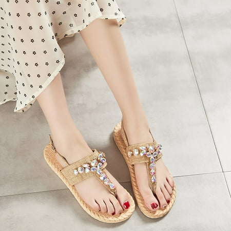 

HIBRO Women s Summer Slip-On Bow Flat Beach Open Toe Breathable Sandals Rhinestone Weave Shoes Slippers