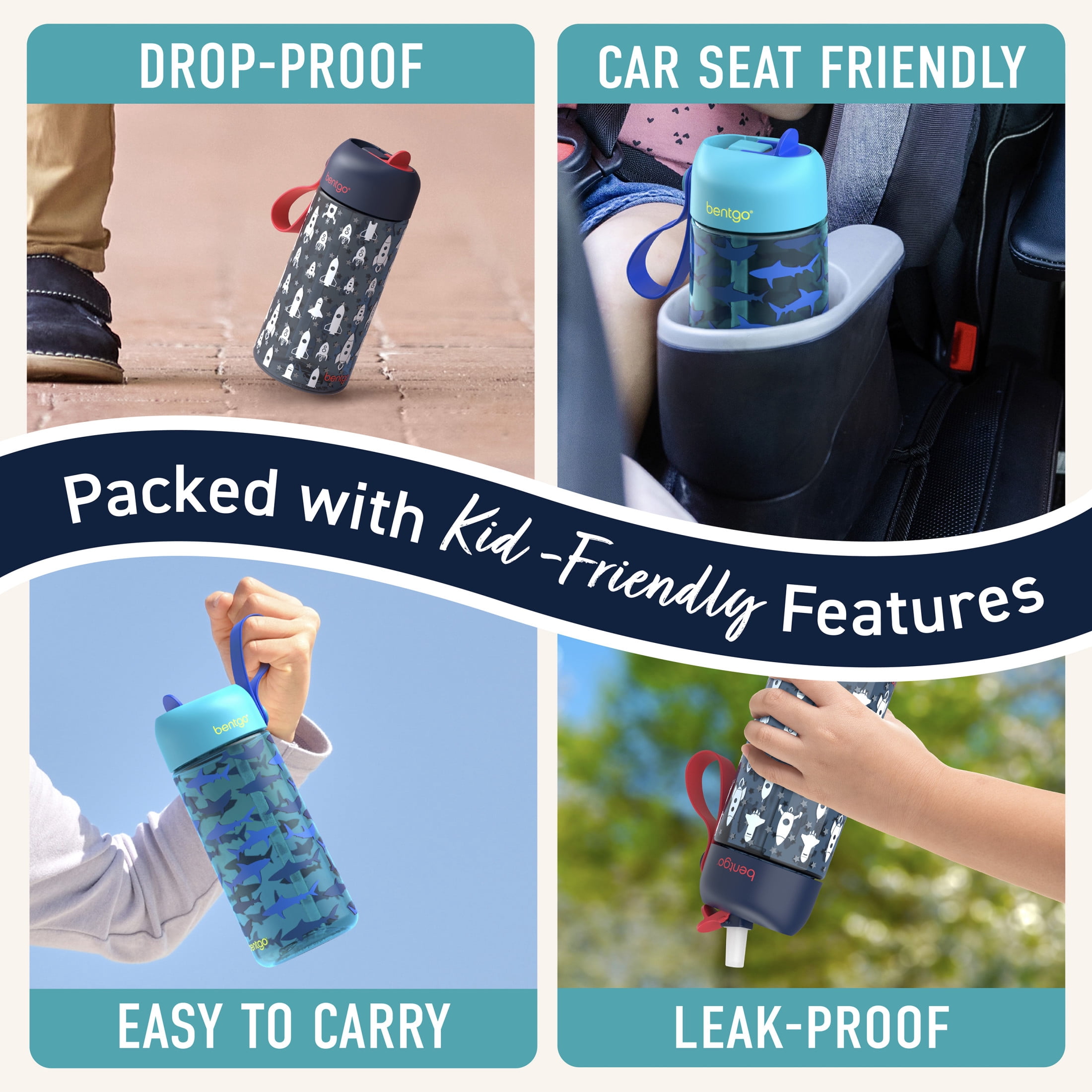 Bentgo Kids Water Bottle 2-Pack - Leak-Proof, Durable Tritan, BPA-Free 15 oz. Cup for Kids/Toddlers Ages 3+, Safe Sip Spout, & Dishwasher Safe for School/Sports/Daycare/Camp (Rocket/Shark)
