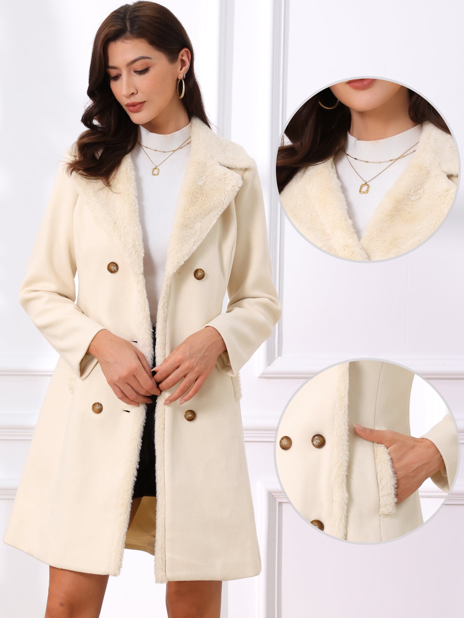DARING DIVA Women's Winter Coat Faux Fur Collar Double Breasted Long Warm Coats XL Beige