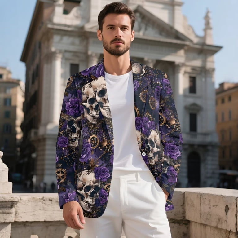 POLERO Men Gothic Sports Suit Jacket Skull Rose Print One Button POLERO Men Gothic Sports Suit Jacket Skull Rose Print One Button