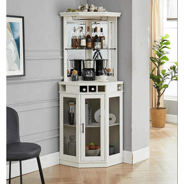 Gramercy Way White Corner Bar Unit with builtin Wine Rack and Lower