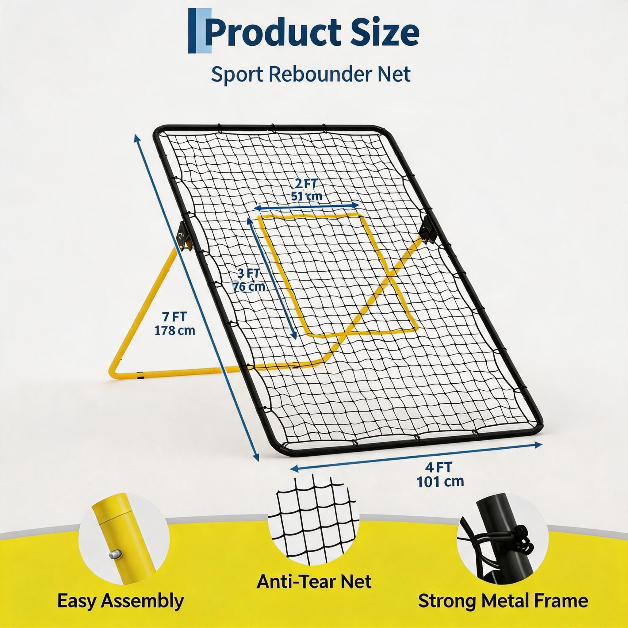 7x4 FT Volleyball Bounce Back Net, 5 Adjustable Angles, Foldable Heavy Duty Training Net with Ground Stakes, Yellow