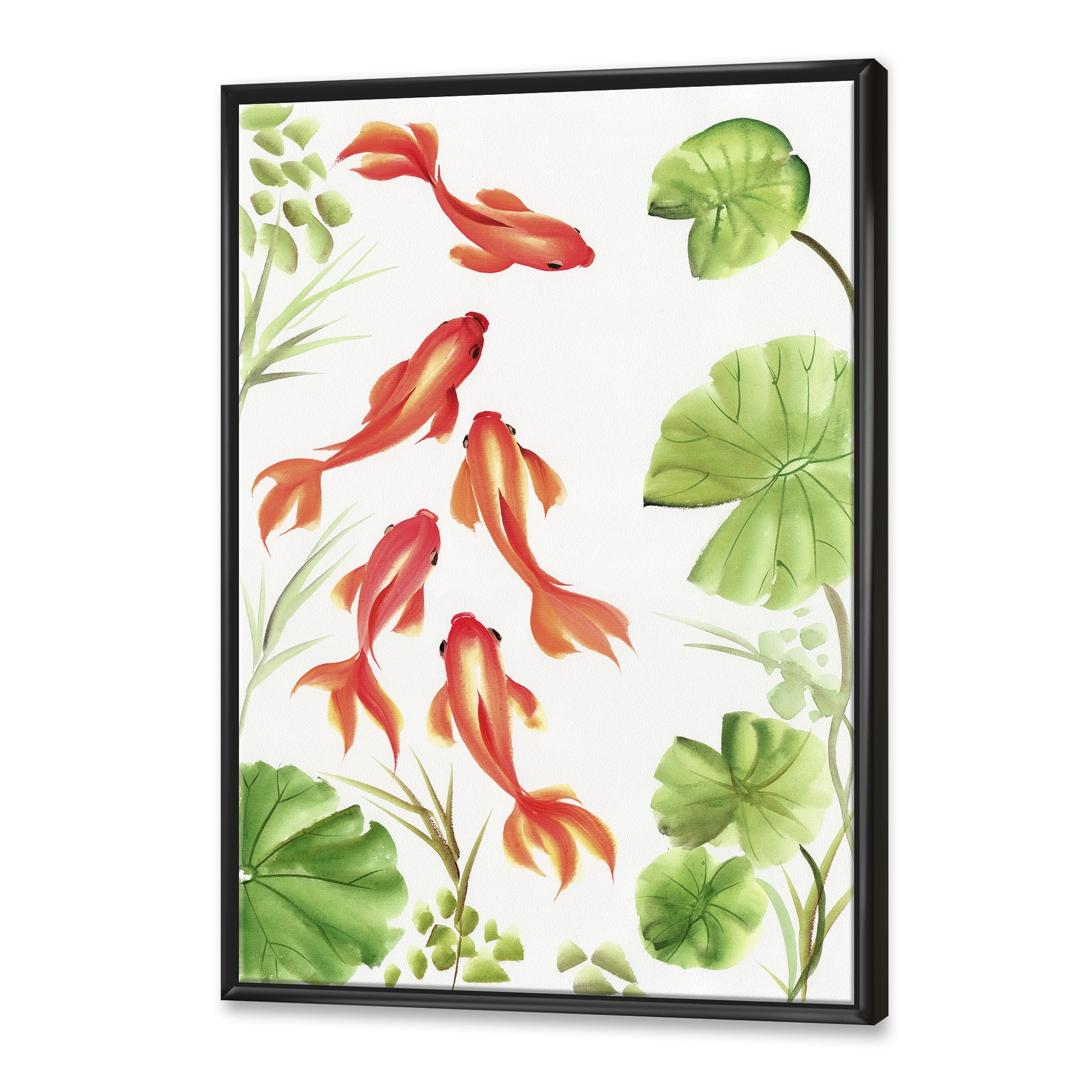Ancient Goldfishes Among The Lotus Leaves 12 in x 20 in Framed Painting Canvas Art Print, by Designart