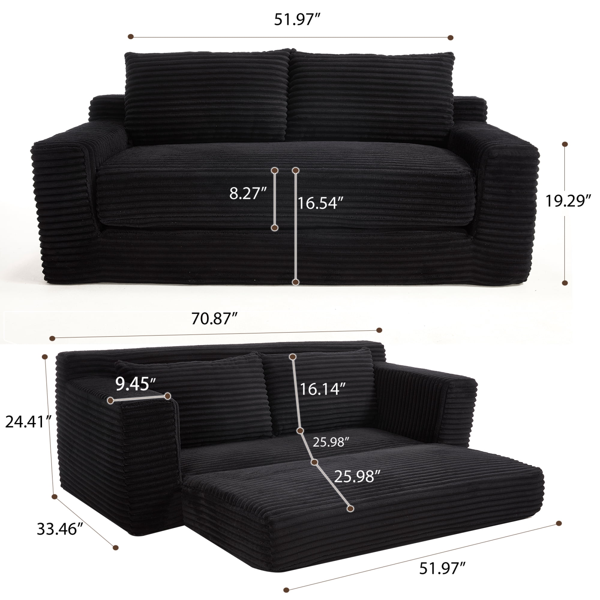 Leumius 70" Corduroy Loveseat Sofa,Pull Out Sleeper Sofa Bed,2-in-1Convertible Sofa Bed with Memory Foam & Steel Frame,No Assembly,Compact Couch for Small Spaces,Apartments,Black