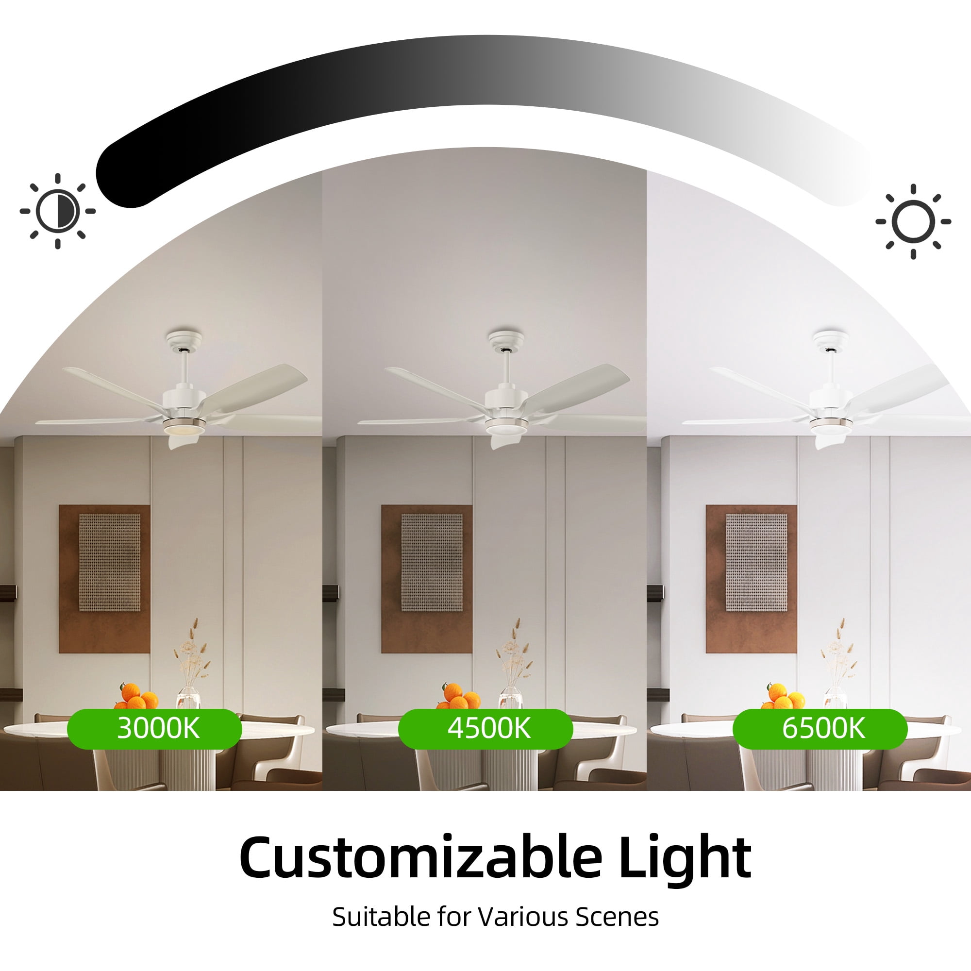 KISSAIR 52 In 5 Blades Ceiling Fan with Light and Remove Control 6 Speeds & Reversible DC Motor,3 Color Dimmable LED, Ultra Quiet 45dB, Timer Function ,White