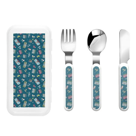 

Cauagu Vintage Tape Players And Skates Print 3-Pieces Toddler Cutlery Set Kids Silverware Set with Spoons Forks & Knife Stainless Steel Utensils for Kids Dishwasher Safe