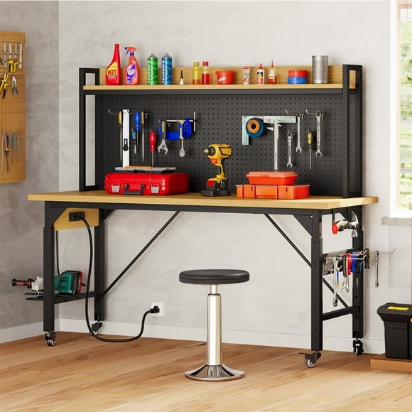 Tool Cart, Workbench Adjustable Height Work Bench For Garage Oak Plank & Carbon Steel Heavy Duty Workbench 2000lbs Weight Capacity Bench top Size 59.1" x 23.6" with Pegboard Power Outlets