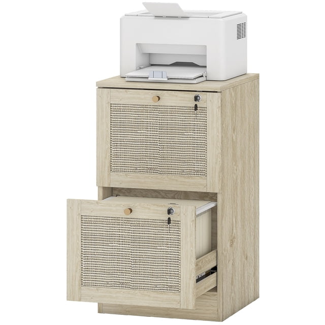 Boho 2 Drawer Filing Cabinet with Lock, Oak Wood Grain Office Storage Cabinet with Natural Rattan Accents, Fits A4 & Letter Size Files, Compact Design for Home Office or Study