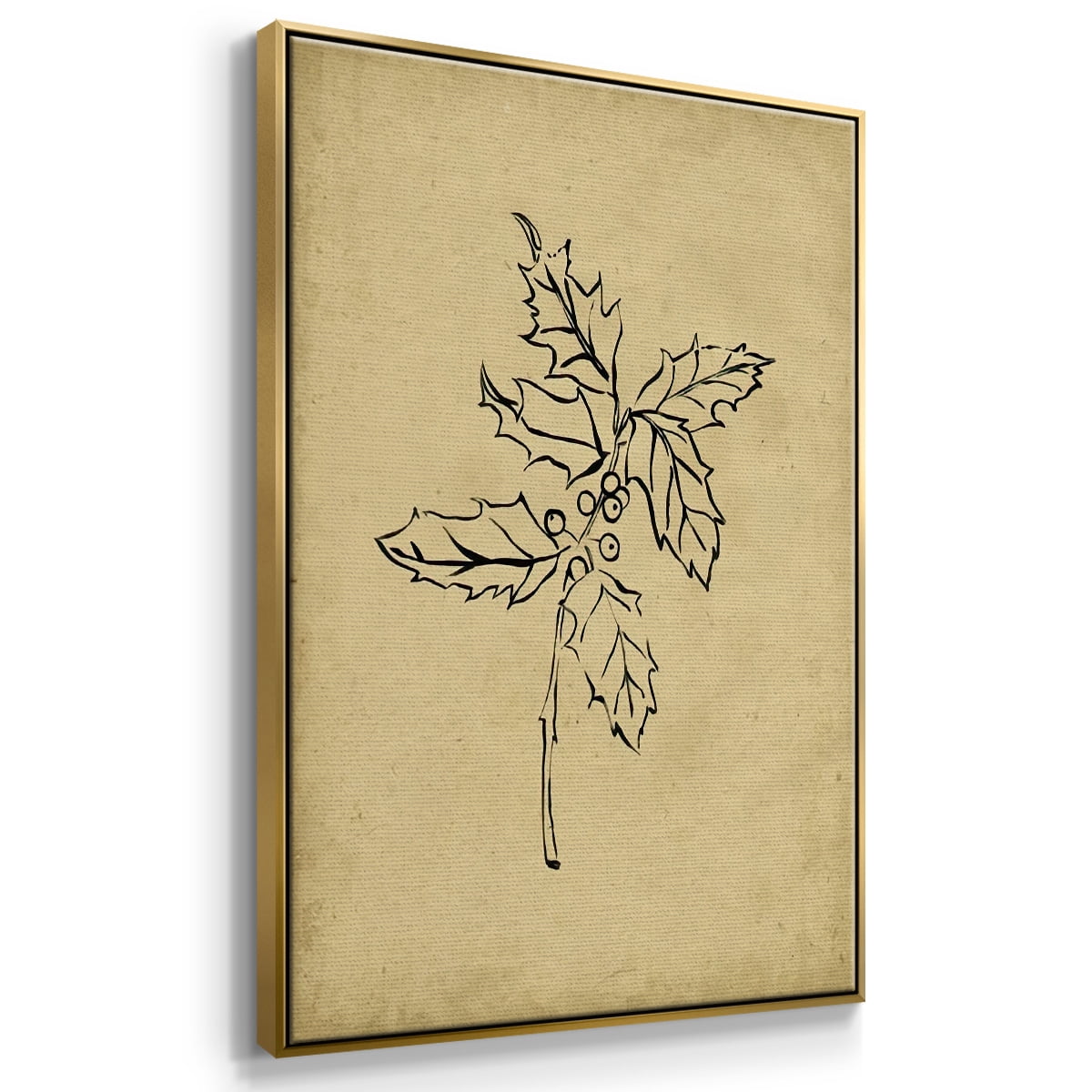 Holly Branch I - Framed Gallery Wrapped Holiday Canvas - 17 x 25 - Gold Frame
