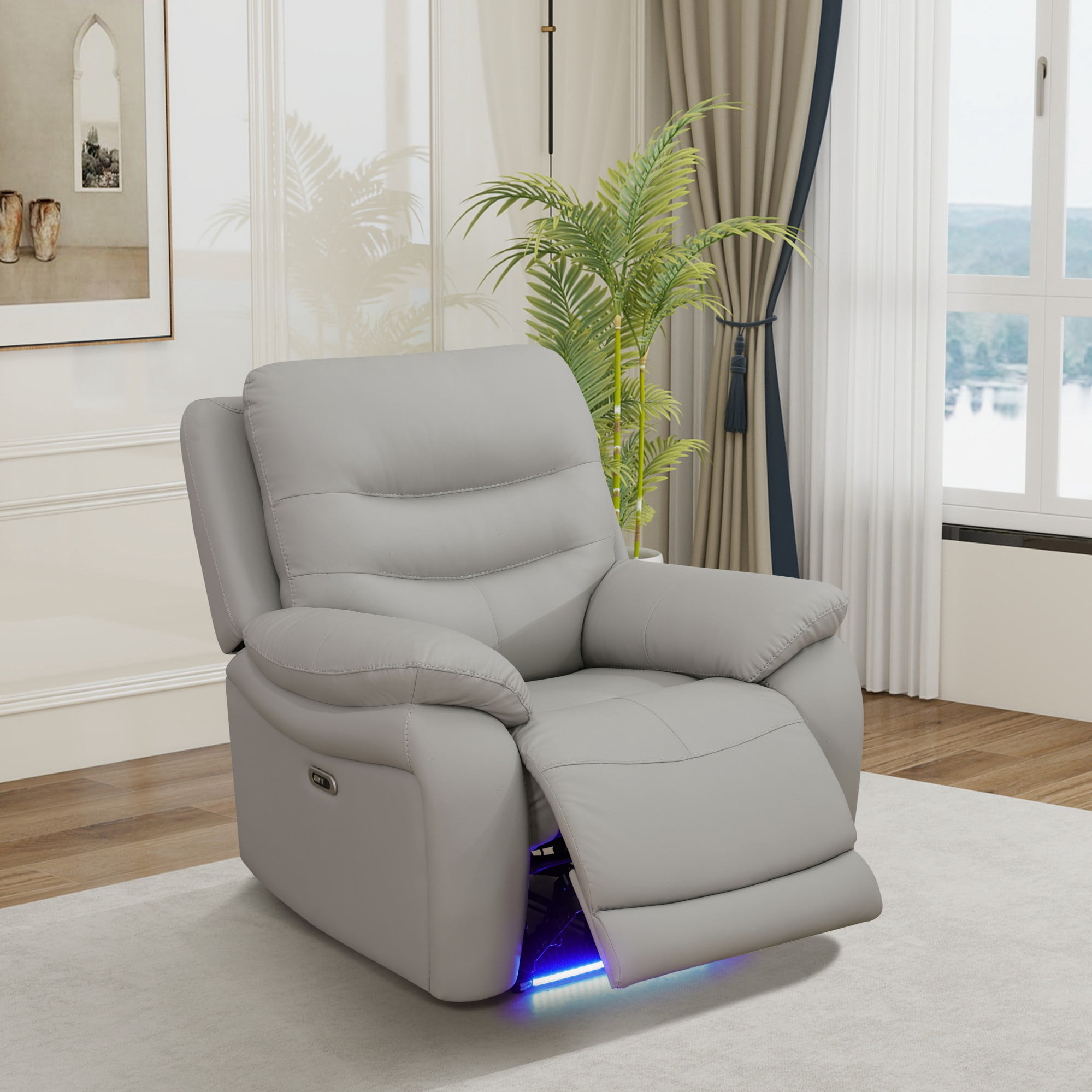 Gewnee Power Recliner Chair, Adjustable Reclining Lounge Chair with USB Ports, LED Lights, Air Leather Upholstered Single Sofa Recliner for Living Room, Office, Light Gray