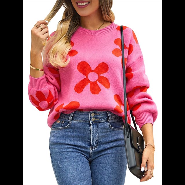 Suéter de Mujer de Otoño, Larga, Cuello Redondo, Jersey de Punto de Gran Tamaño, Tops Casuales con Estampados. Rosa Roja M