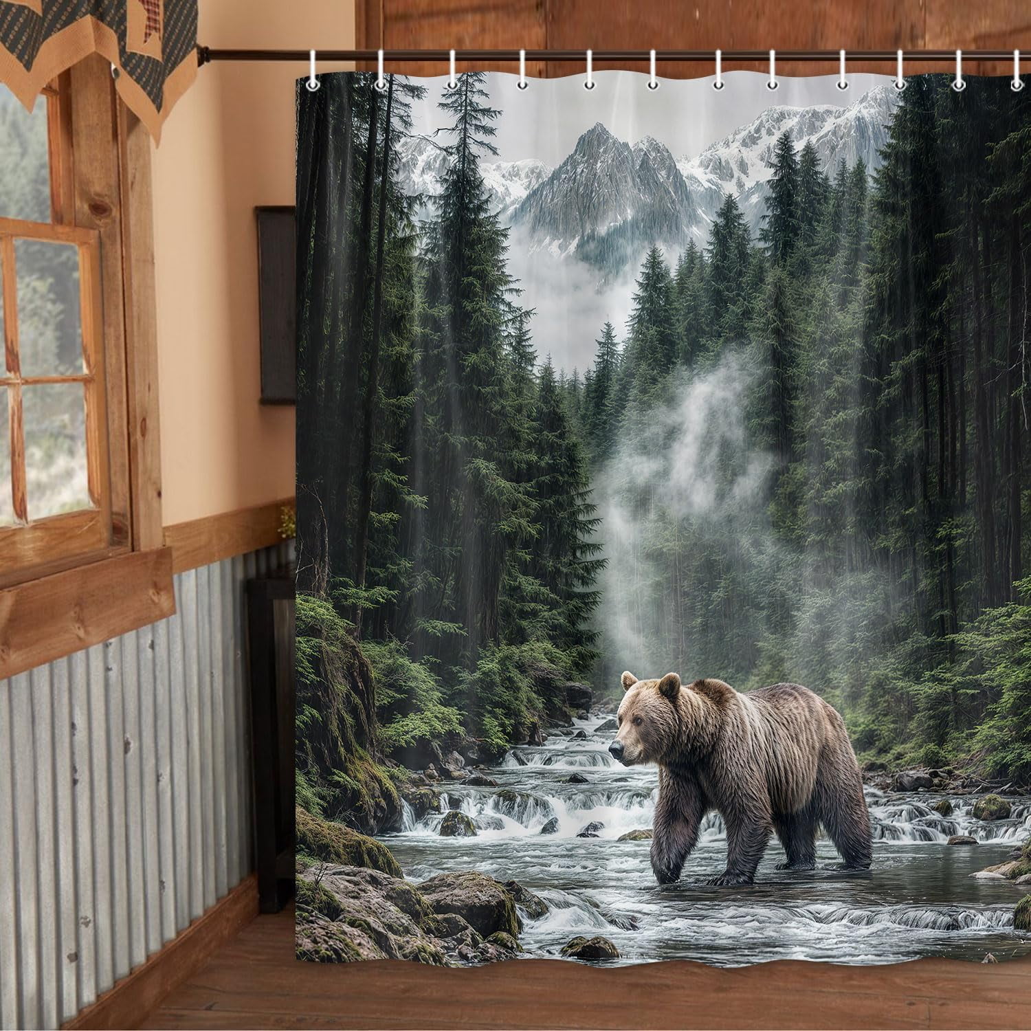 Wathon Mountain Creek Shower Curtain with Bear, Rustic Nature Landscape Woodland Wildlife Bath Curtain Country Forest Natural Scenery Outdoors Adventure Explore Bathroom Decor Set with Hooks 70X75IN