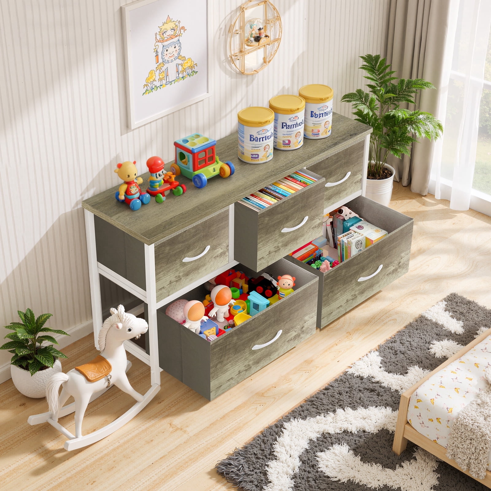 Dresser, Betcozy Storage Organizer with 5 Drawers for Bedroom, Chest of Drawers with Fabric Bins, Sturdy Metal Frame, Wood Tabletop, Smoked ash