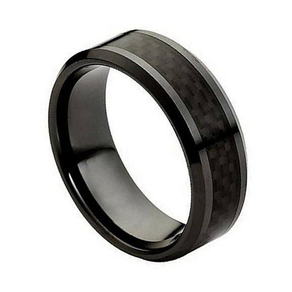 8mm Ceramic Black with Black Carbon Fiber Inlay Wedding Band Ring For Men and Ladies