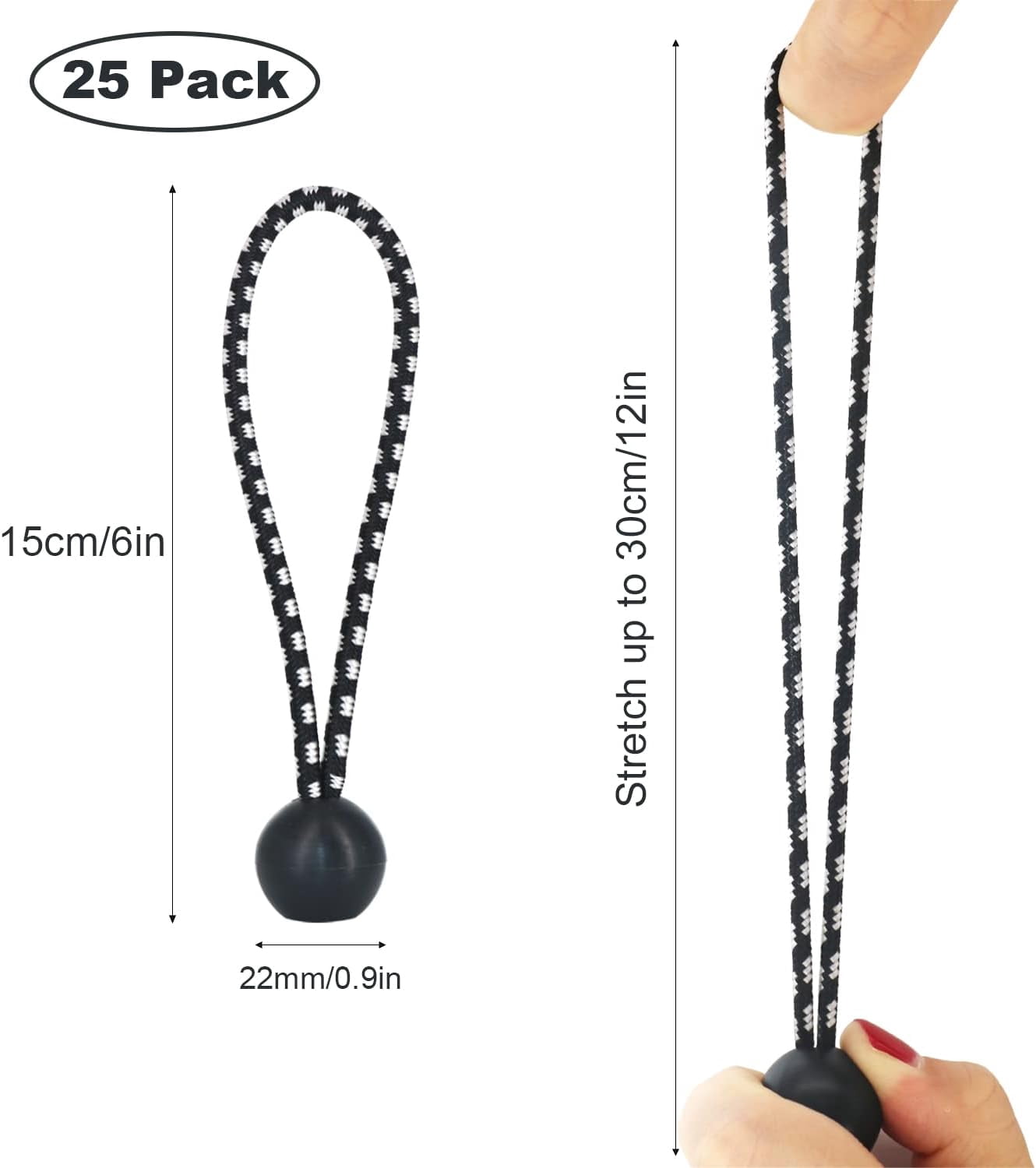 MKEUDQ-Ball Bungee Cords, Tie Down Cords Elastic String UV Resistant Rope for Canopy Tarp Camping (25, Black White, 6 Inch)