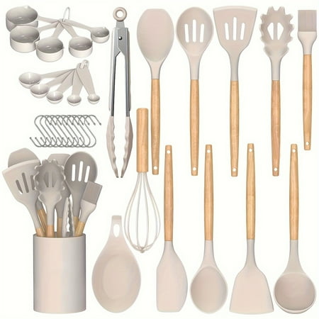 

33-Piece Non-Stick Silicone Kitchen Cooking Utensils Set with Wooden Handle NEWKBO Spatula Set Including Holder Premium Silicone Kitchen Gadgets and Utensil Set for Cooking and Baking T