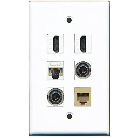 RiteAV - 2 HDMI 1 Port Phone RJ11 RJ12 Beige 2 Port 3.5mm 1 Port Cat5e Ethernet White Wall Plate