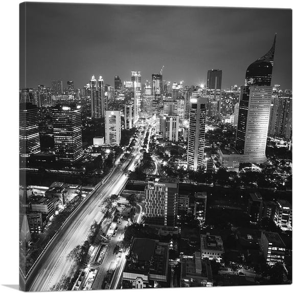 ARTCANVAS Jakarta Indonesia Black and White Skyline Square Canvas Art Print - Size: 18" x 18" (1.50" Deep)