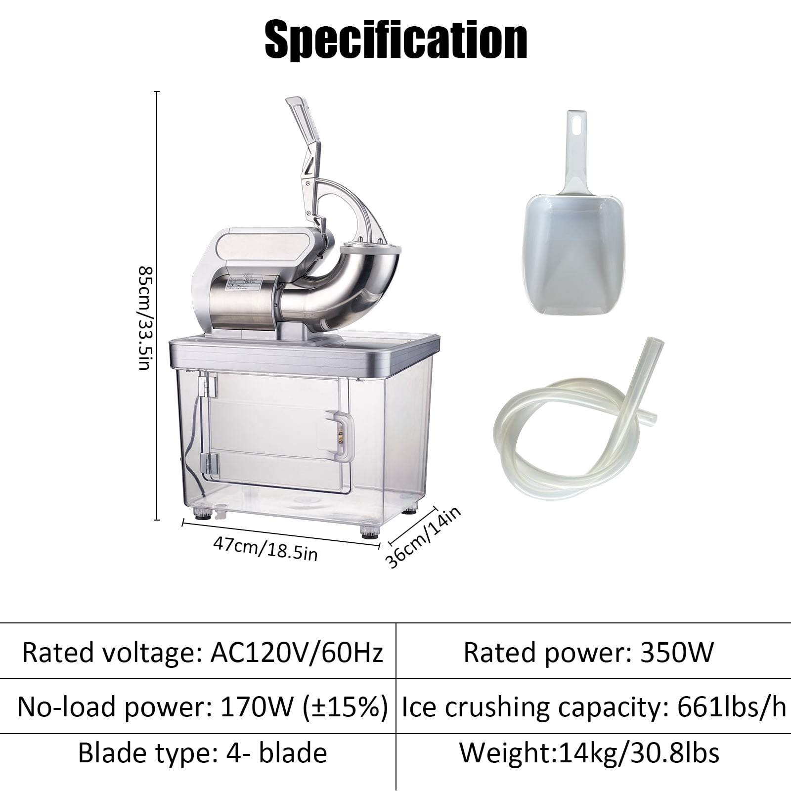 Commercial Ice Crusher Machine, 350W, 661 LBS/H, Ice Shaver Maker with 4 Stainless Steel Blades, 10 Gal Storage Box, Ice Scoop, Snow Cone Machine for Home Bar Cafes, Silver
