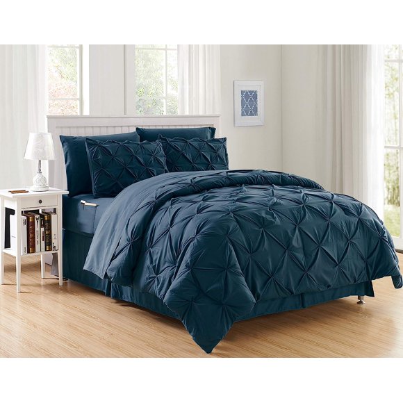 Mocassi Cozy & Soft 6-Piece Bedding Set - Includes Comforter, Smart Sheet Set, Bed Skirt, Matching Pillowcases and Shams, Pintuck Design, Twin/Twin XL, Navy Blue Comforter Set