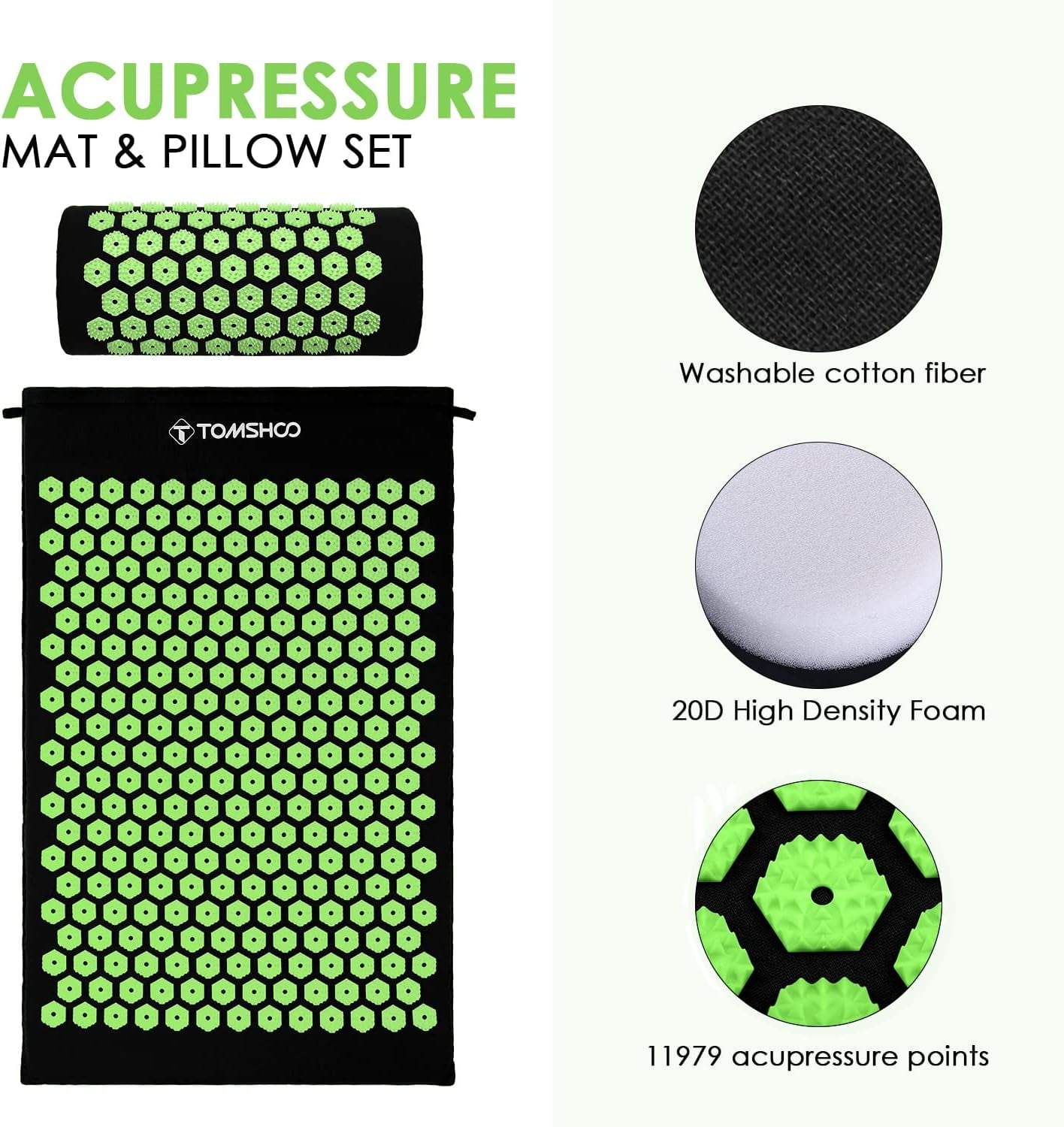TOMSHOO Acupressure Mat and Pillow Set with 2pcs Massage Balls for Back / Neck Pain Relief and Muscle Relaxation 27'' x 17''(Black)