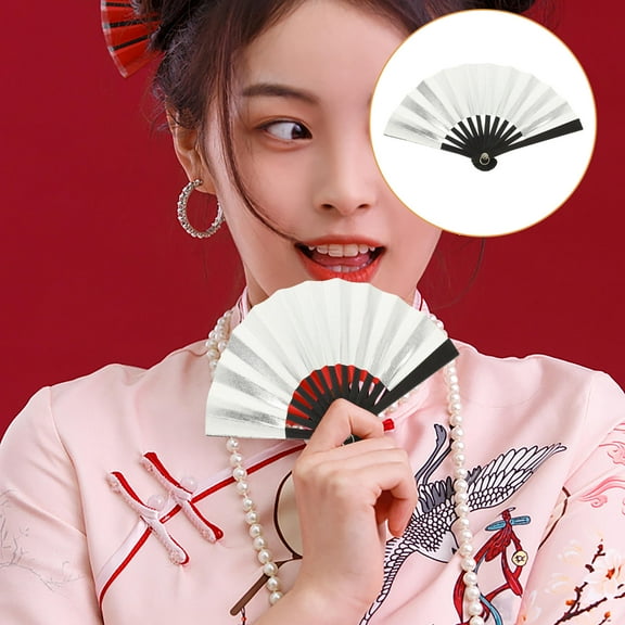 KALLORY 1Pack Compact Fan Silver Paper Bamboo for Wedding Mini Portable Fans Diy Decor Photo Props