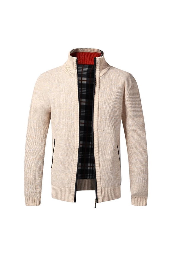 Men's Long Sleeve Cardigan Sweater Knitted Thick Warm Fleece Lined Slim Fit Sweater Soft Cable Knit Zip Up Winter Knitwear with Pocket Business Casual Work Apricot 42