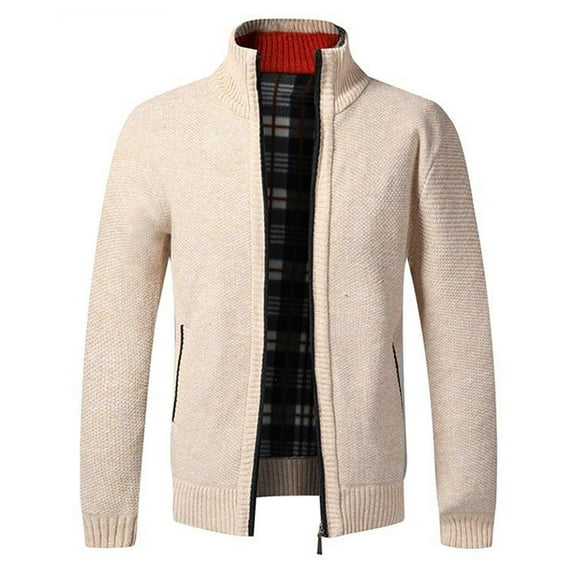 Lu's Chic Men's Long Sleeve Cardigan Sweater Knitted Thick Warm Fleece Lined Slim Fit Sweater Soft Cable Knit Zip Up Winter Knitwear with Pocket Business Casual Work Apricot 44
