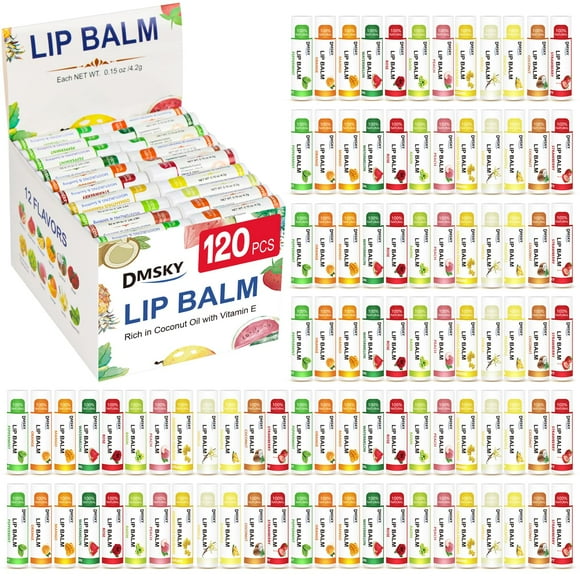 DMSKY Lot de 120 Baumes à Lèvres, Baumes à Lèvres Naturels en Vrac avec Vitamine E et Huile de Coco, Baume à Lèvres Hydratant pour Lèvres Gercées, Baume à Lèvres en Vrac pour Femmes - 12 Saveurs