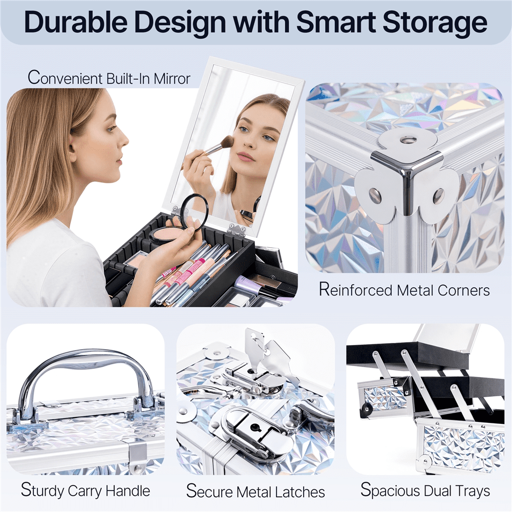 Renwick Portable Makeup Train Case with Mirror and 2 Trays, Silver