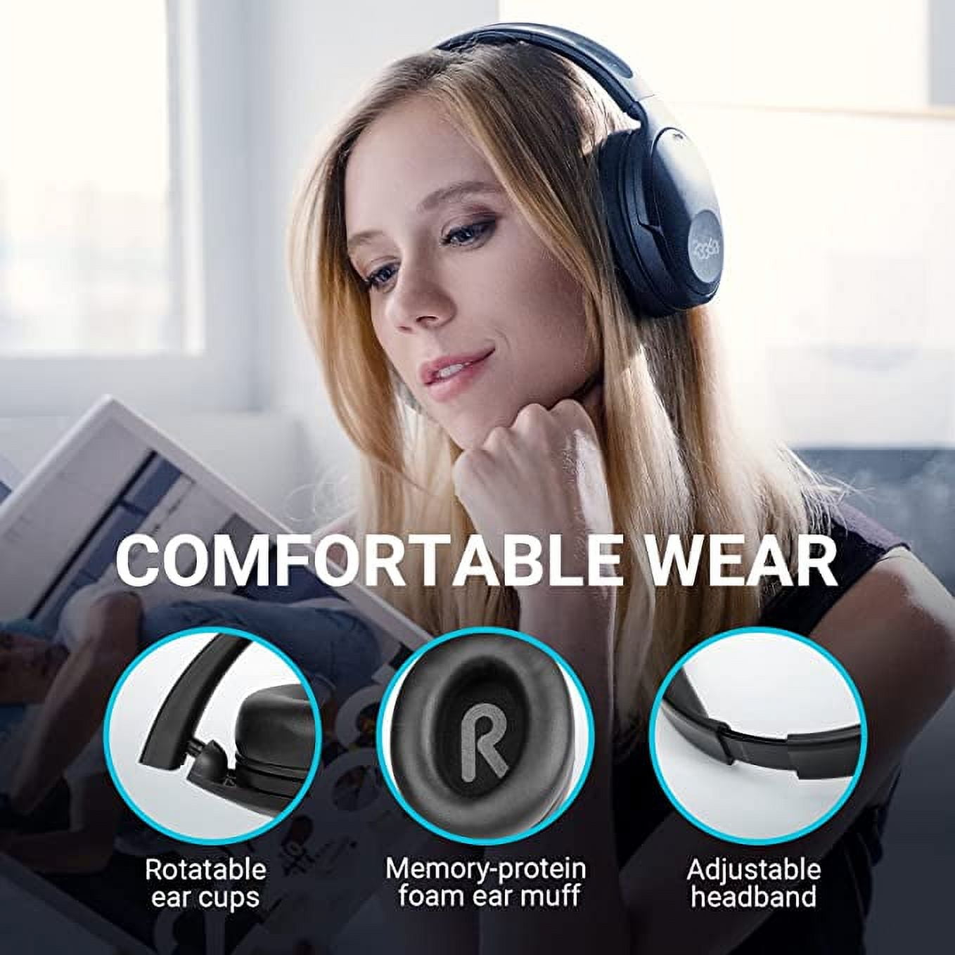 Bluetooth Cancelling Headphones with Microphone [100H Playtime] Lightweight Wireless Over Ear ANC Bluetooth Headphones with CVC Noise Reduction Hi-Fi Stereo Sound for Home Office