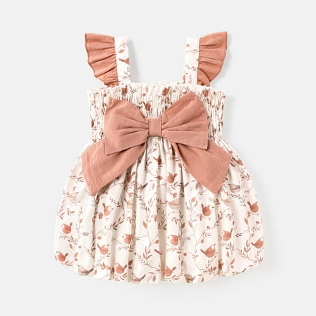 

PatPat Infant Baby Girls Sleeveless A-line Elegant Bowknot Dress Summer Toddler Girls Ruffle Trim Floral Sundress Outfit Clothes 3-24month