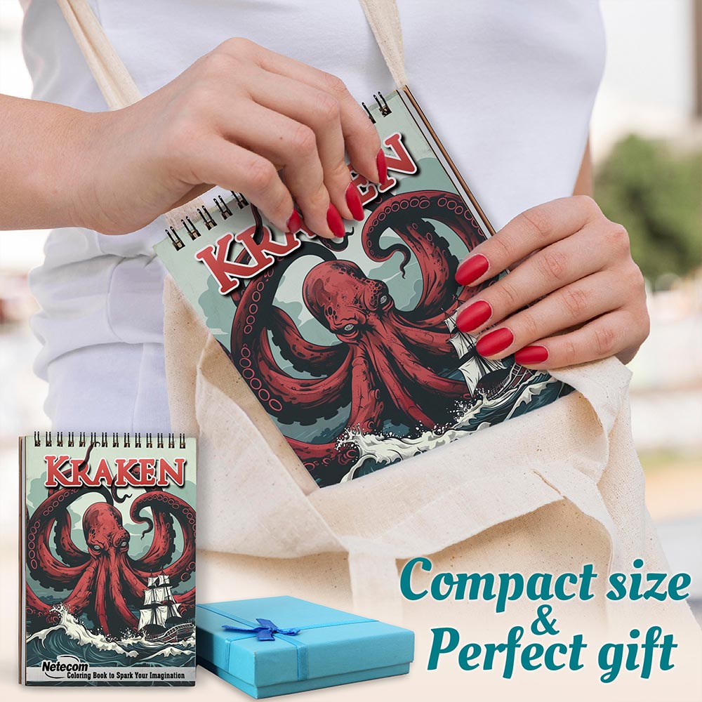 Netecom Kraken Coloring Book for All Ages, A5 Wooden Cover, 30 Awesome Coloring Pages of Mythical Sea Monsters for Stress Relief and Relaxation, Spiral Bound Edition