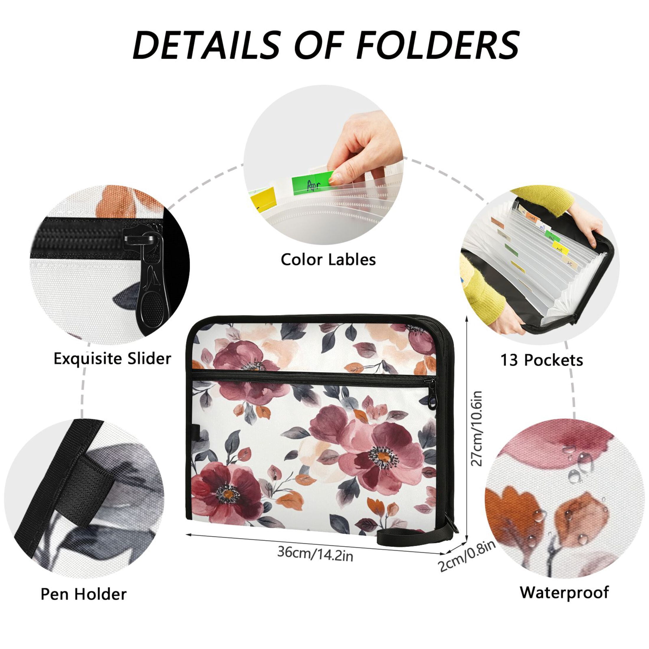 Organ Folder 14.2 x 0.8 x 10.6 Inches 13 Separate Pockets A4 Size Documents Folder A Sort Storage File Manager For The Home Office Cartoon Maroon Flowers Seamless