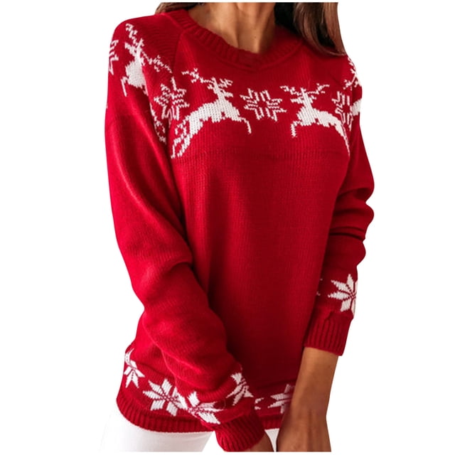 IROINID Chandail-Over en Tricot à Col Rond pour Femmes Imprimé Décontracté Mi-Long Manches Longues Chandail de Noël
