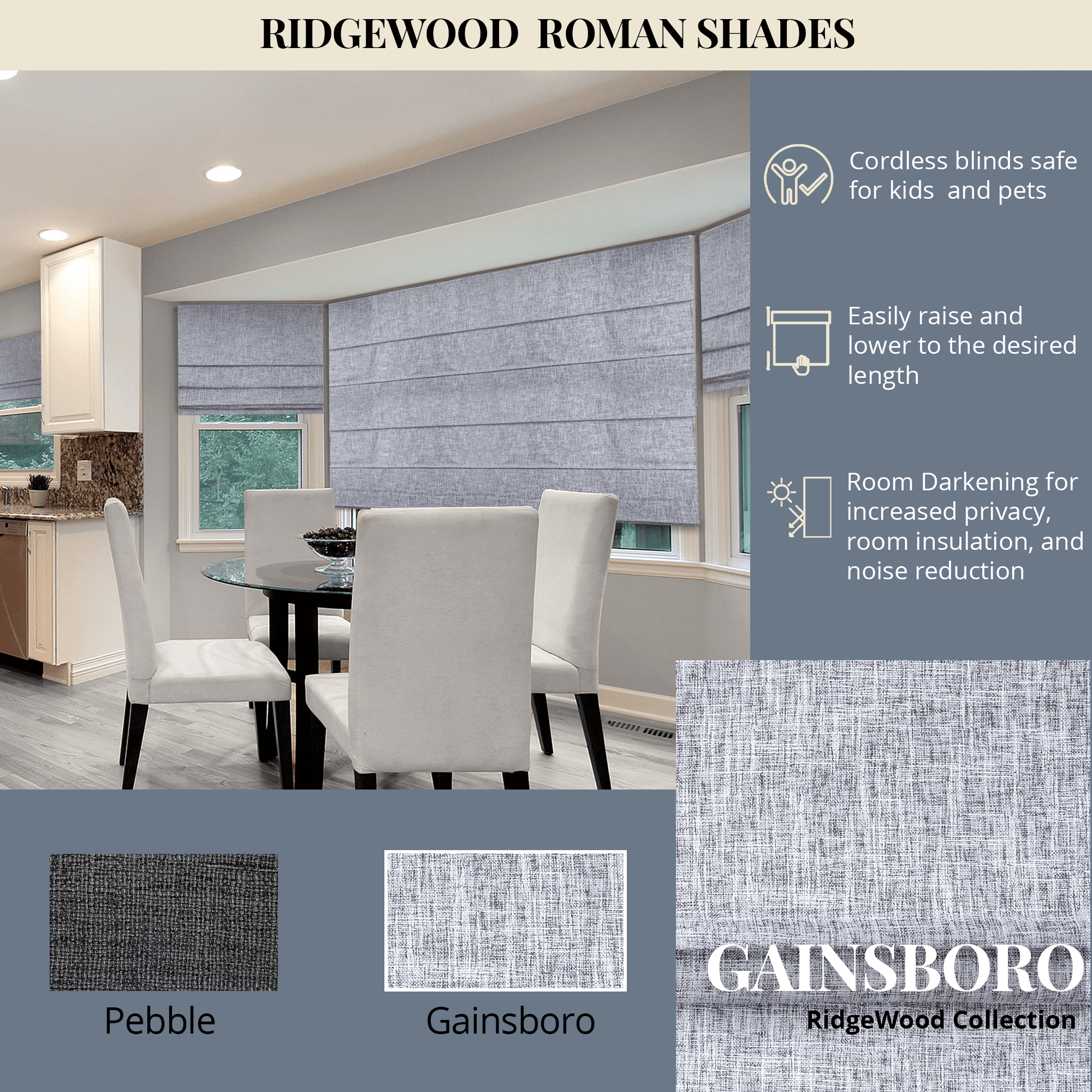 Chicology Cordless Roman Shade, Blackout, Lexington Gainsboro, 31"W X 72"H