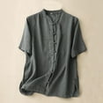 thumbnail image 2 of Women's Cotton Linen Shirts Summer Short Sleeve Mandarin Collar Chinese Frog Button Down Tops Loose Vintage Blouses, 2 of 5