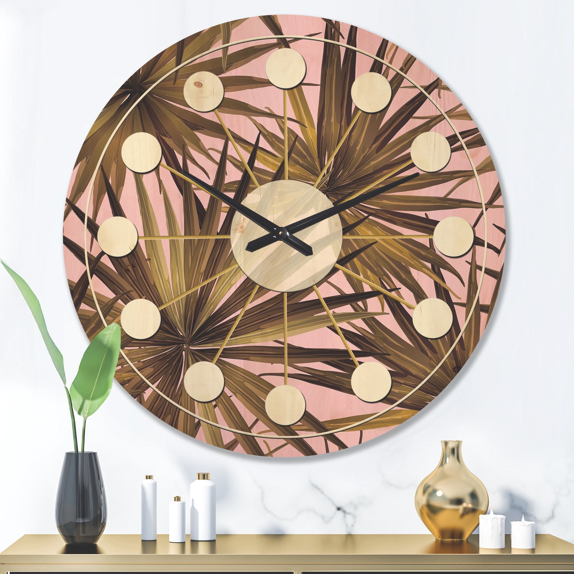 Designart 'Tropical Leaves On Pink Retro' Mid-Century Modern Wood Wall Clock