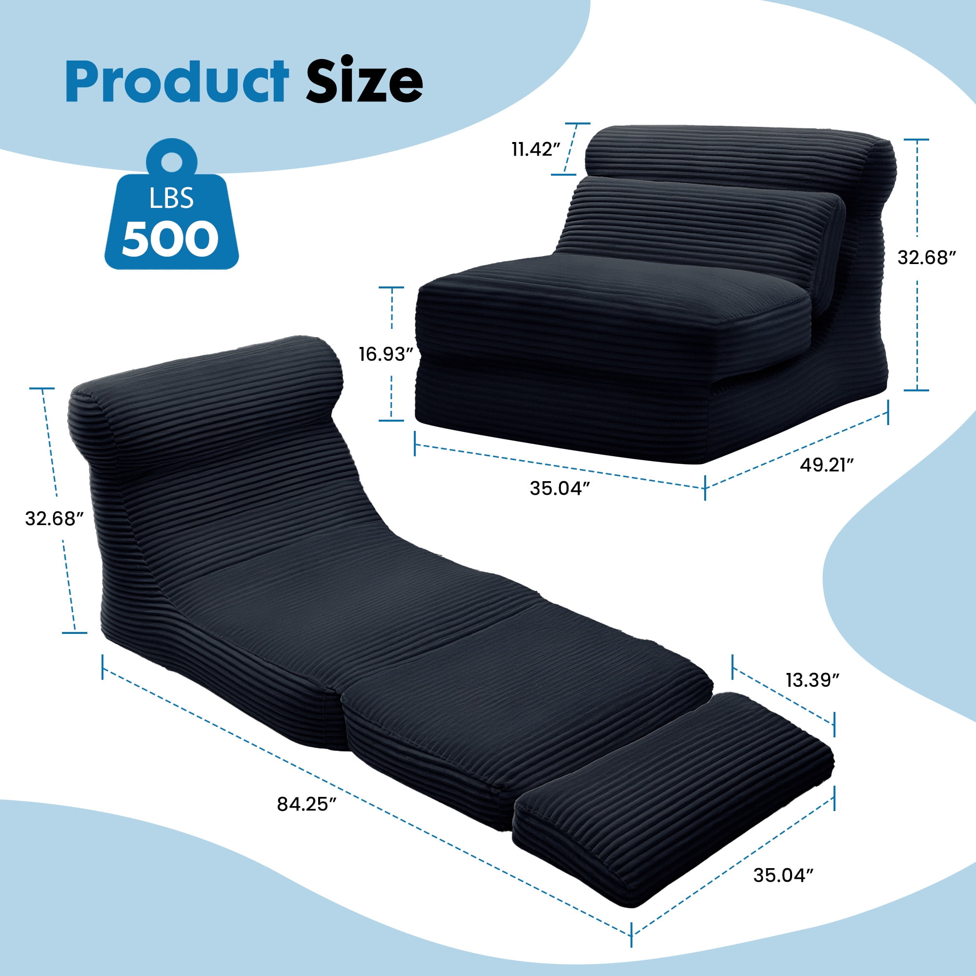Gianna Convertible Folding Sofa Bed, Sleeper Chair with Backrest, Portable Fold Out Floor Lounger for Guest Room, Living Room, or Dorm, Black