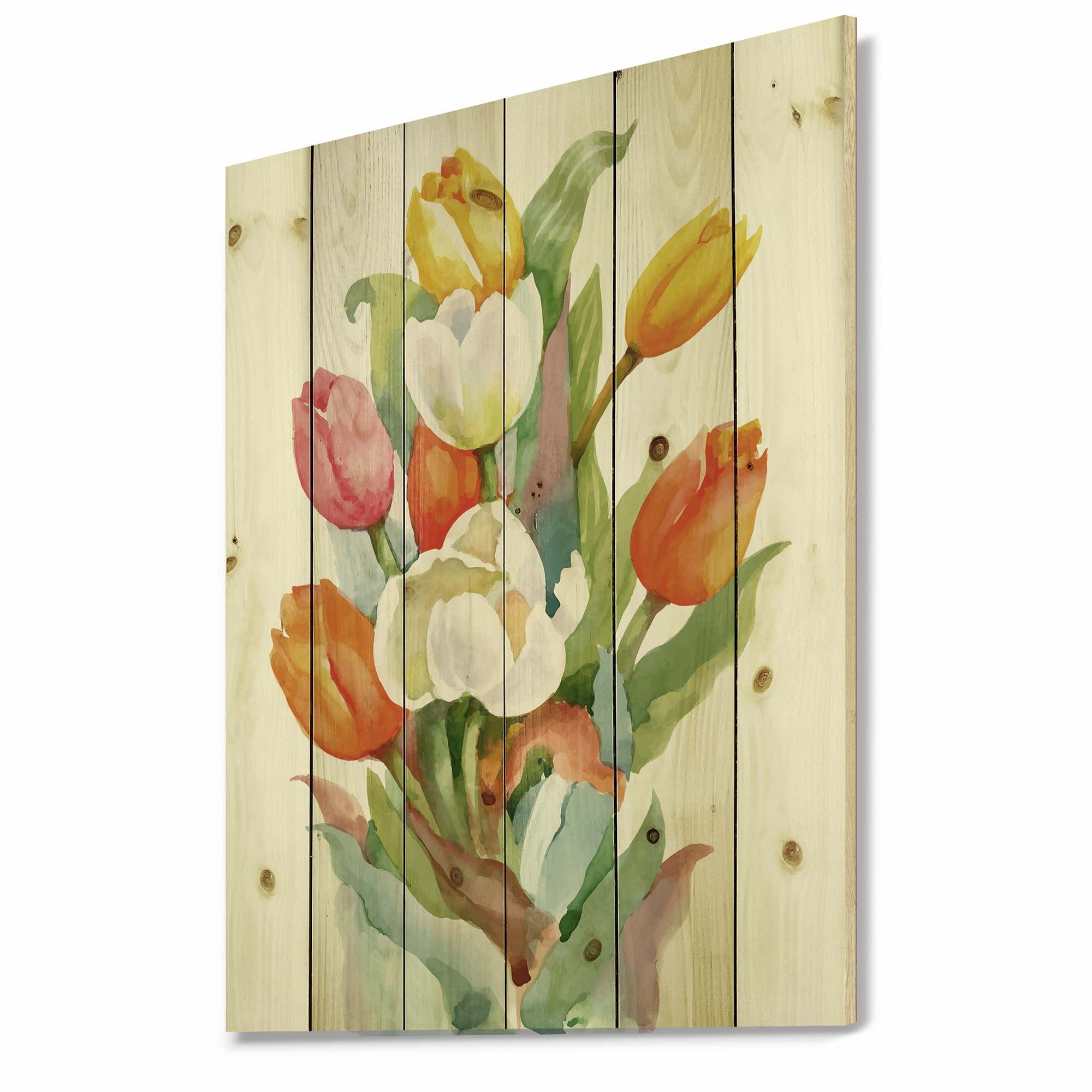 Designart 'Blooming Orange and White Tulips Flower' Traditional Print on Natural Pine Wood