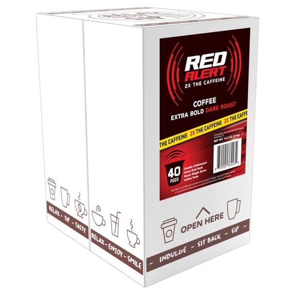 Red Alert Coffee Extra Strong Coffee Pods (Recyclable) Compatible With 2.0 Keurig K Cup Brewers, Caffeine, 40 Count (Pack of 1)