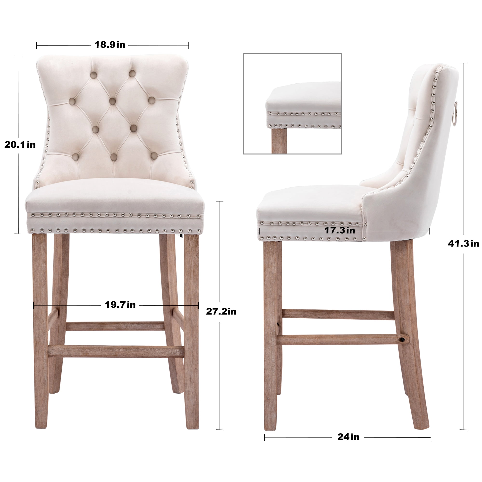 DONICK Velvet Counter Height Bar Stools Set of 4,Button Tufted Back Bar Chair Nailhead Back Pull Tab Wooden Leg(Beige)