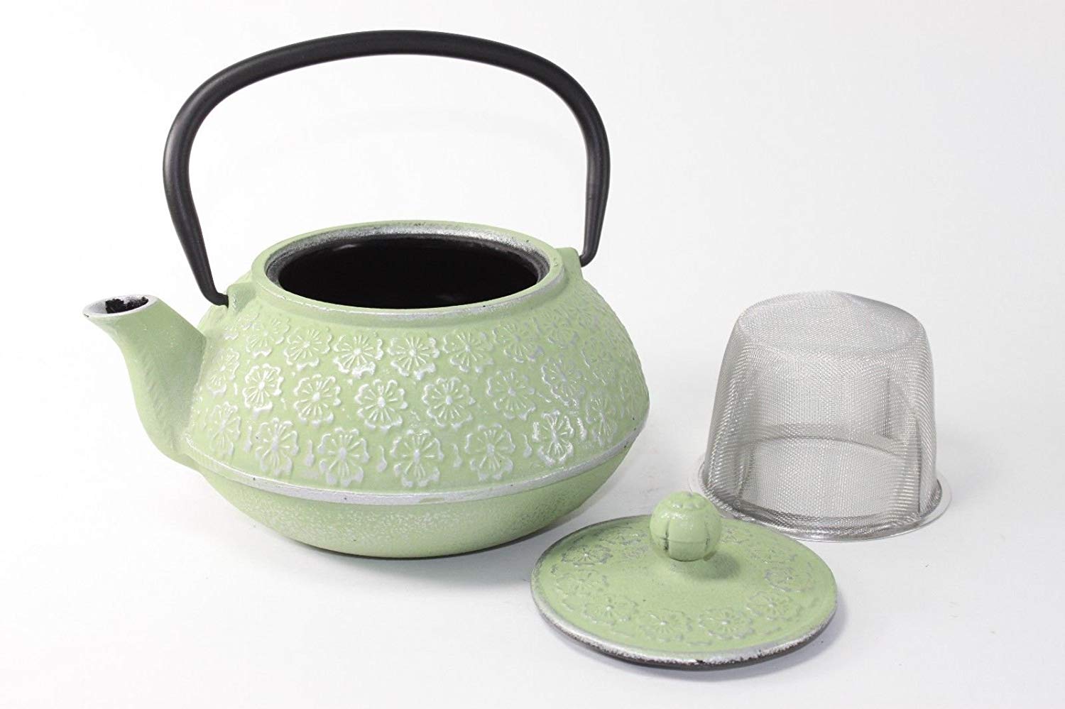 Japanese Antique 24 Fl Oz Green Primula Primrose Flower Cast Iron Teapot Tetsubin with Infuser Tea Set with Trivet EHD