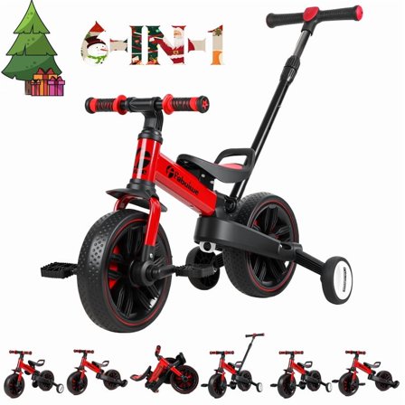 6 in 1 Toddler Tricycle for 18 Months to 5 Years Old, Kids Balance Bike with Adjustable Push Handle & Removable Pedals, Training Wheels & Easy Assembly Push Trike Toy Birthday Gift for Boys and Girls