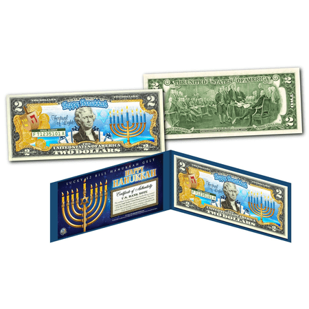 HAPPY HANUKKAH Chanukah Menorah Jewish Holiday Genuine Legal Tender U.S. $2 Bill