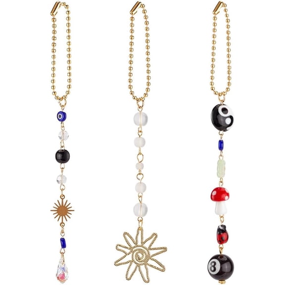 3pcs 8 Ball Hanging Car Charm Cute Yin Yang Symbol Boho Car Accessories Sun Hanging Ornament Four-Leaf Clover Ladybug Good Luck Decor Pendant for Cars Rear View Mirror