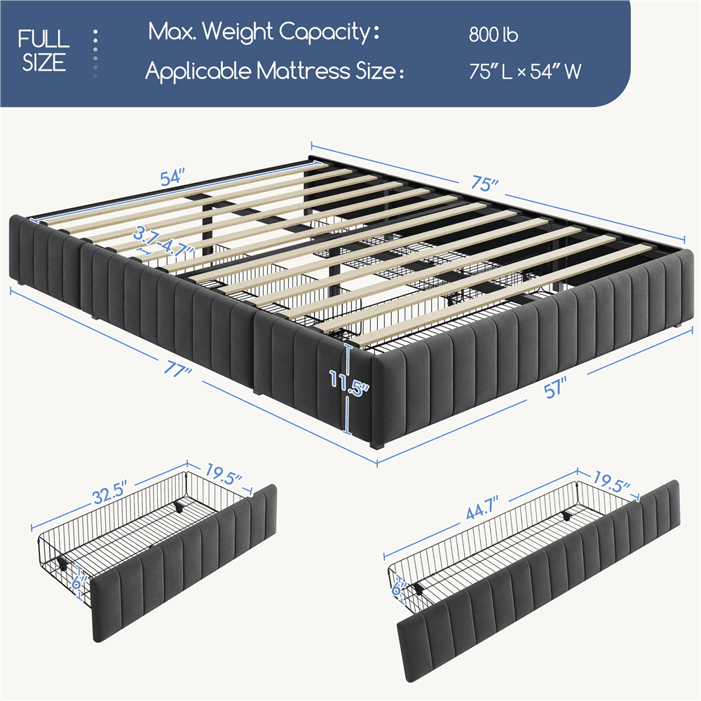 Fullfurnique Upholstered Platform Bed Frame with Three Storage Drawers, Full, Dark Gray