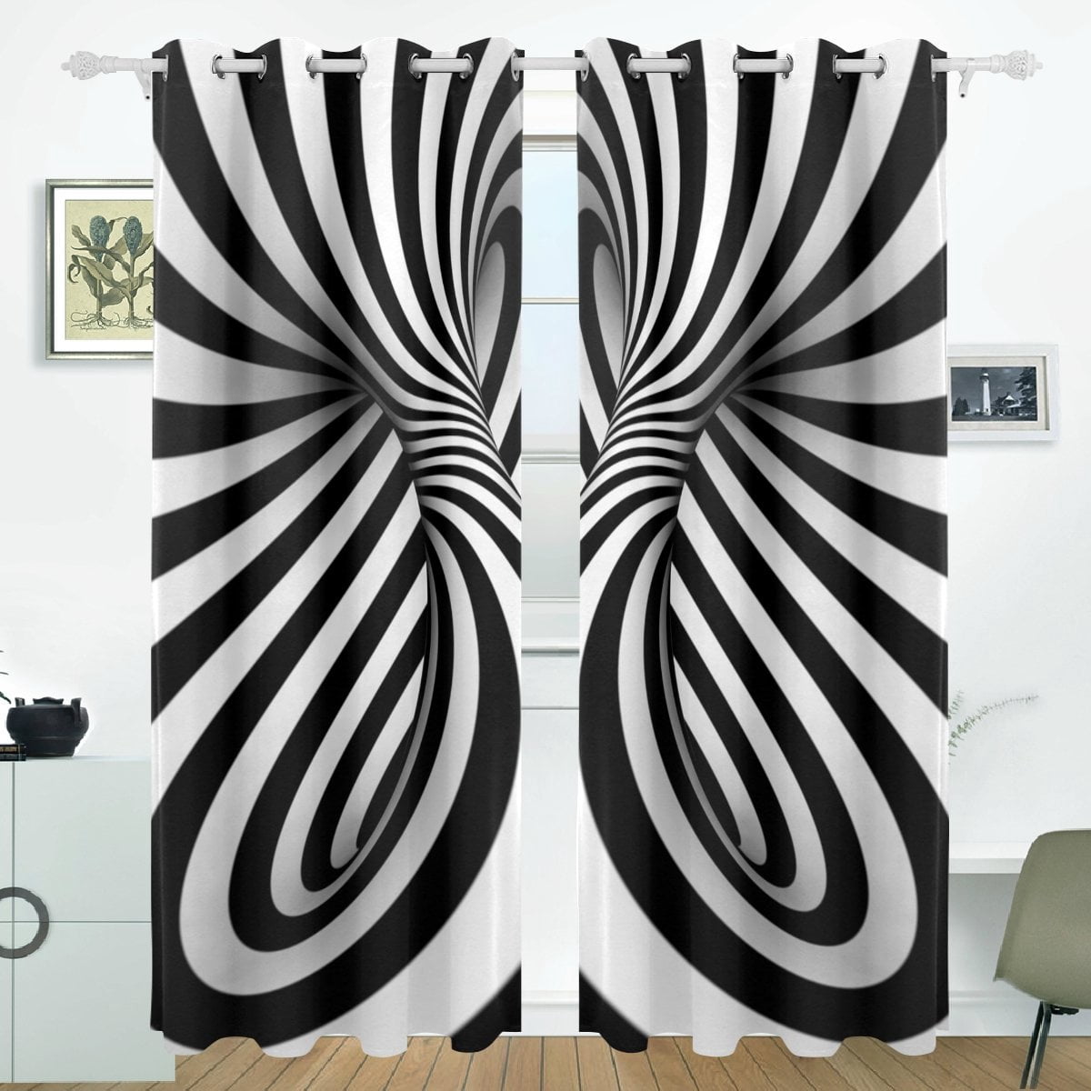 POPCreation Black And White Abstract Spiral Background Window Curtain