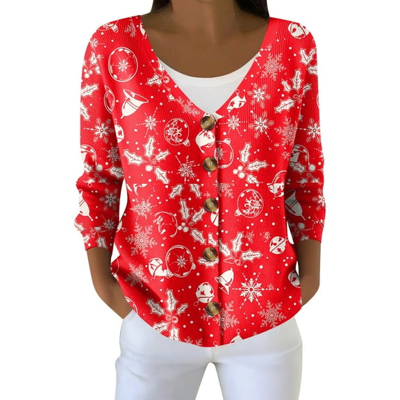 Women's Fashion Long Sleeve Christmas Snowman Snowflake Print Jacket Cardigan for Holiday Party and Casual Daily Wear,Watermelon Red,XL